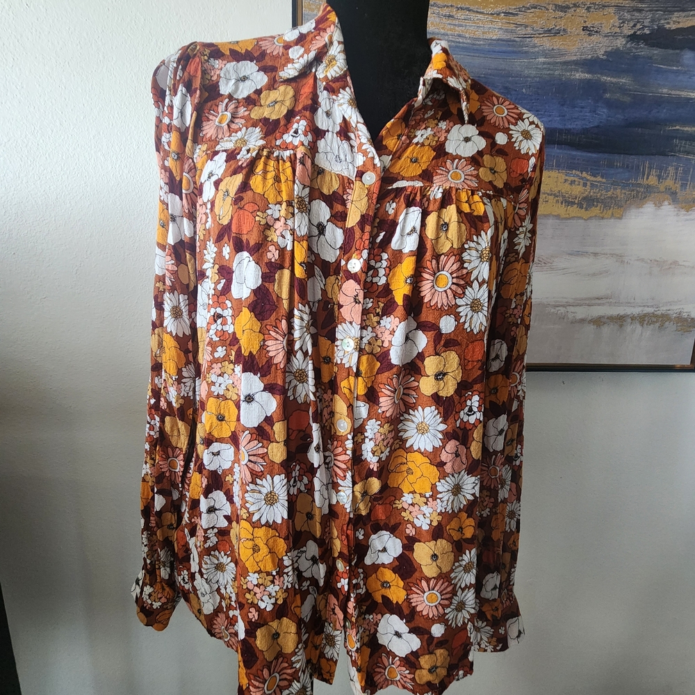 Jane Delancey Pintucked Paisley Mixed Print Floral Pleated Button Top Womens XL